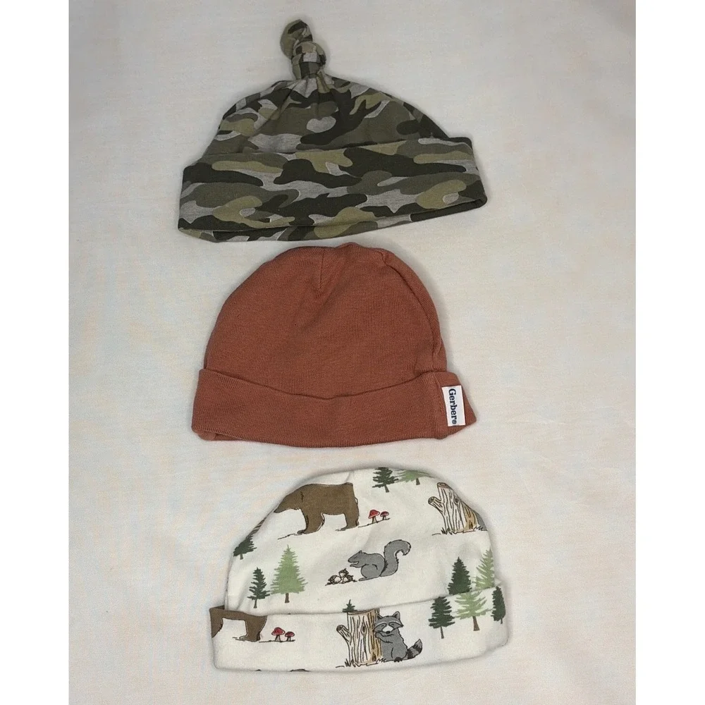Gerber Baby Essentials Hudson Baby 3 Pack Beanies Hats 0-6M Camo Forest Rust